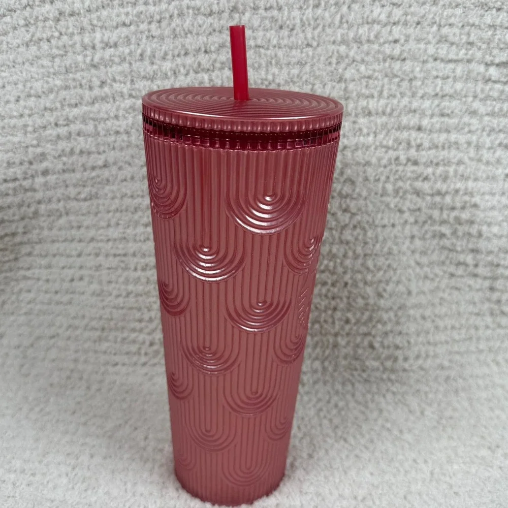 Starbucks 2022 Pink Tumbler 24 oz Cold Cup Quilted Arches‎ Reusable Straw Lid